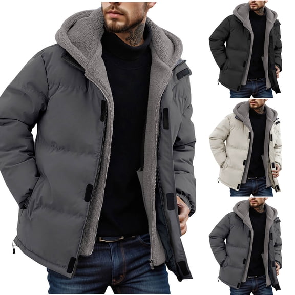 DDAPJ pyju Mens Jacket with Hoodie Thicken Warm Winter Parka Coat Hooded Puffer Jacket Ski Snow Jackets with Pockets Gray M