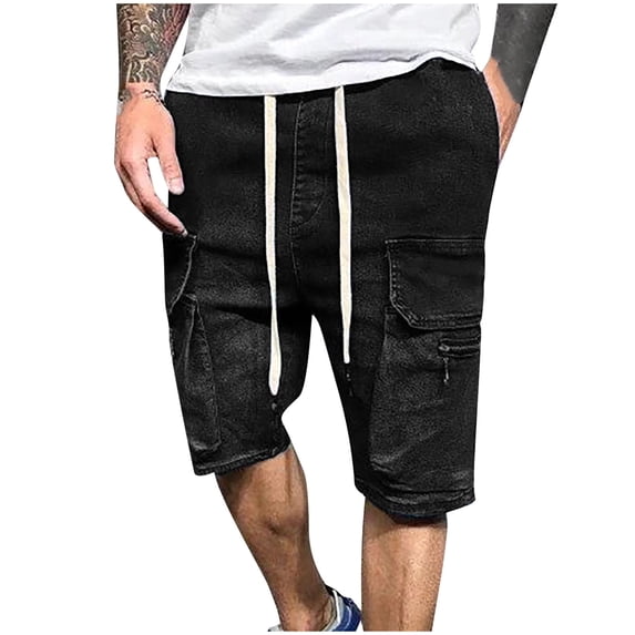 DDAPJ pyju Mens Jean Shorts Multi Pocket Cargo Jean Shorts Casual Solid Color Elastic Waist Drawstring Stretch Denim Shorts