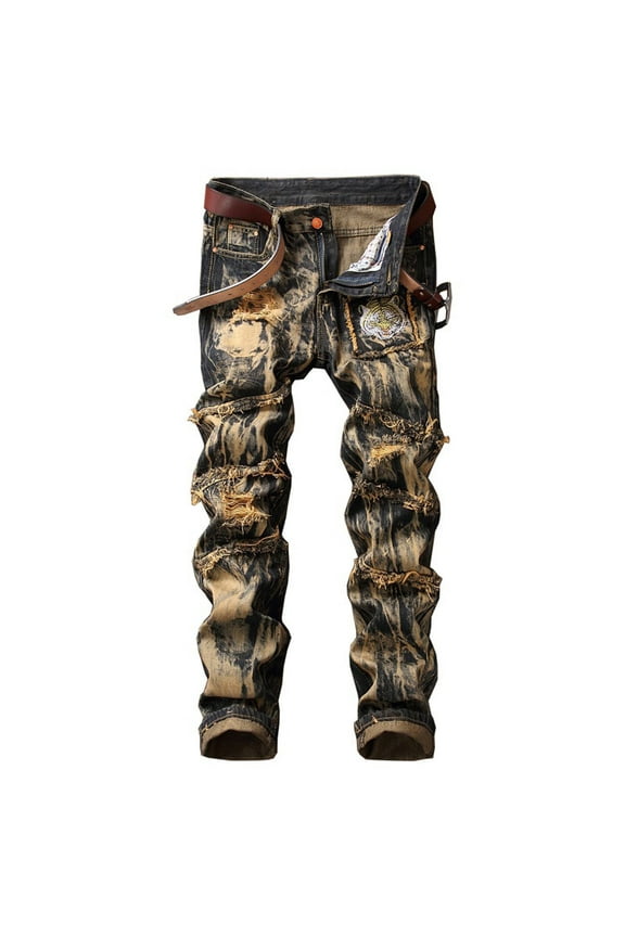 Mens Jeans Novelty Design Irregular Tapered Leg Skinny Jeans Slim Fit Distressed Zipper Jeans for Men