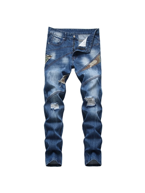 Mens Jeans Ripped Frayed Patchwork Jeans Camouflage Print Skinny Straight Leg Jeans Vintage Slim Fit Distresses Jeans Streetwear