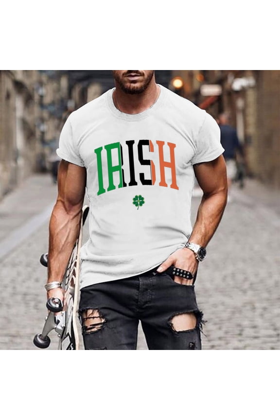 Mens Letter Graphic Tees for St. Patrick's Day Short Sleeve Printed T-shirts Casual Hipster Streetwear Tops Lightweight Workout Muscle Shirt Y-White XXL