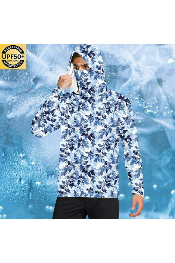 Mens Lightweight Athletic Hoodies UPF 50 Sun Protection Long Sleeve Hooded T Shirts Big and Tall Camouflage Fishing Hiking Shirts with Mask Light Blue M