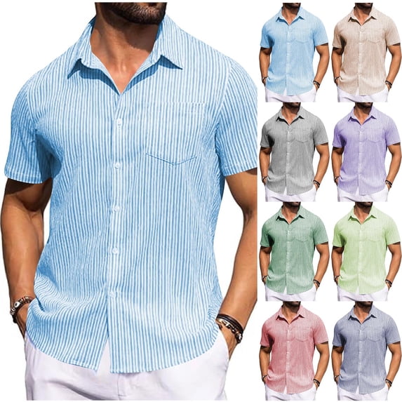 DDAPJ pyju Mens Linen Shirt Striped Print Button Down Shirts Short Sleeve Casual Summer Shirt Beach Vacation Tops Red S