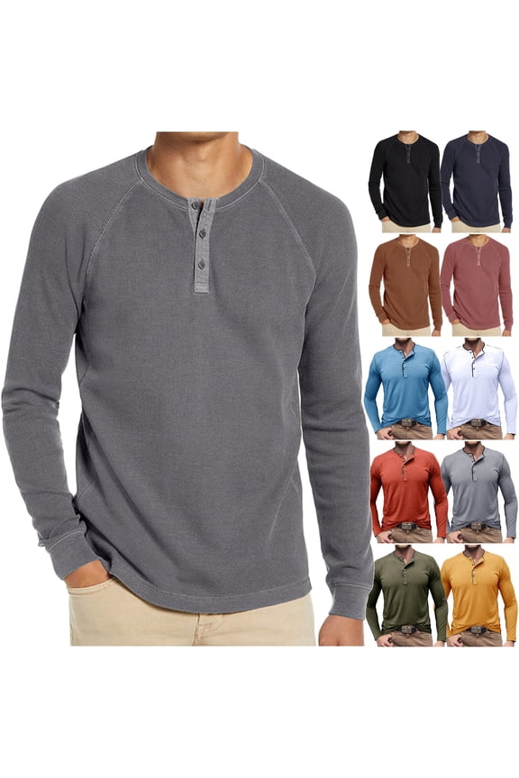 Mens Long Sleeve Henley Shirts Lightweight 3-Button T-Shirts Solid Color Fall Casual Basic Tops Gray M