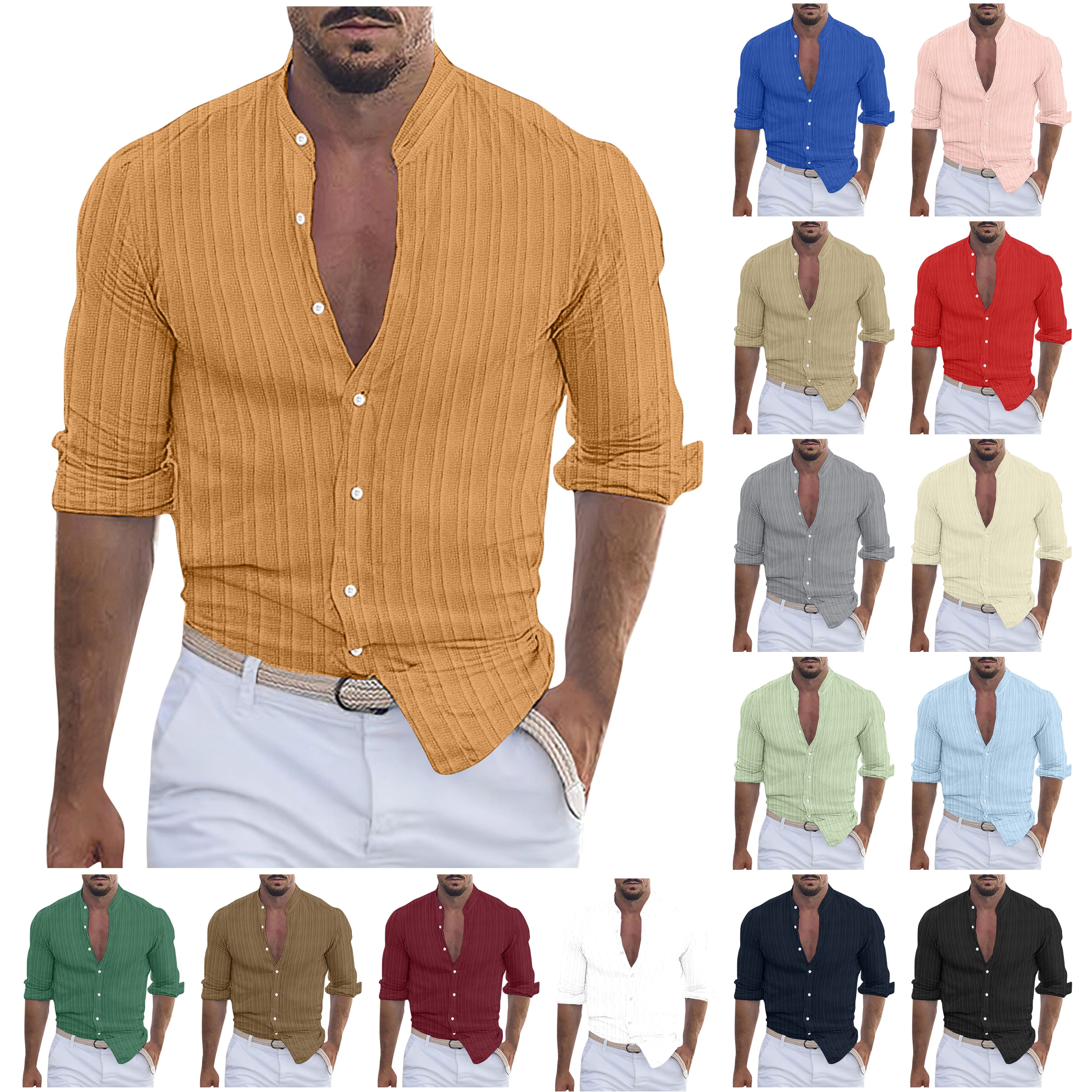 DDAPJ pyju Mens Long Sleeve Textured Shirt Cotton Linen Button Down ...