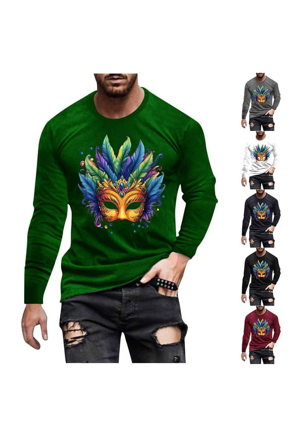 Mens Mardi Gras Shirt Long Sleeve Mask Graphic Tees Carnival Themed Print T-shirts Celebration Party Blouse Tops Black XXXL