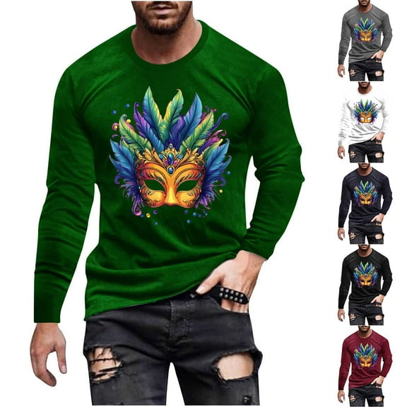 DDAPJ pyju Mens Mardi Gras Shirt Long Sleeve Mask Graphic Tees Carnival Themed Print T-shirts Celebration Party Blouse Tops on Sale Navy M