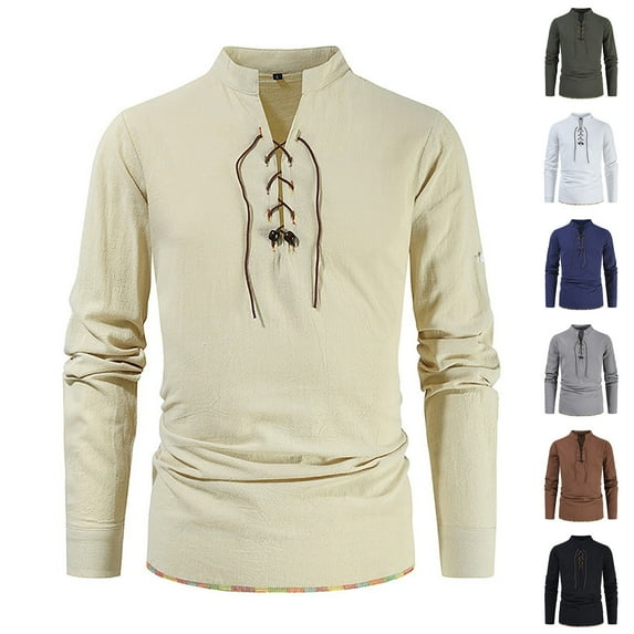 DDAPJ pyju Mens Medieval Pirate Shirt Retro Long Sleeve Lace-up T-shirt Viking Renaissance Costume Halloween Victorian Tops Beige XXXL