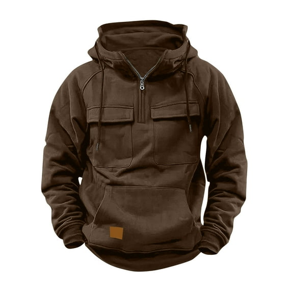 DDAPJ pyju Mens Outdoor Military Hoodie Quarter Zip Cargo Pullover Vintage Casual Hooded Sweatshirt Workout Gym Sports Hoodies with Multi Pockets Coffee S