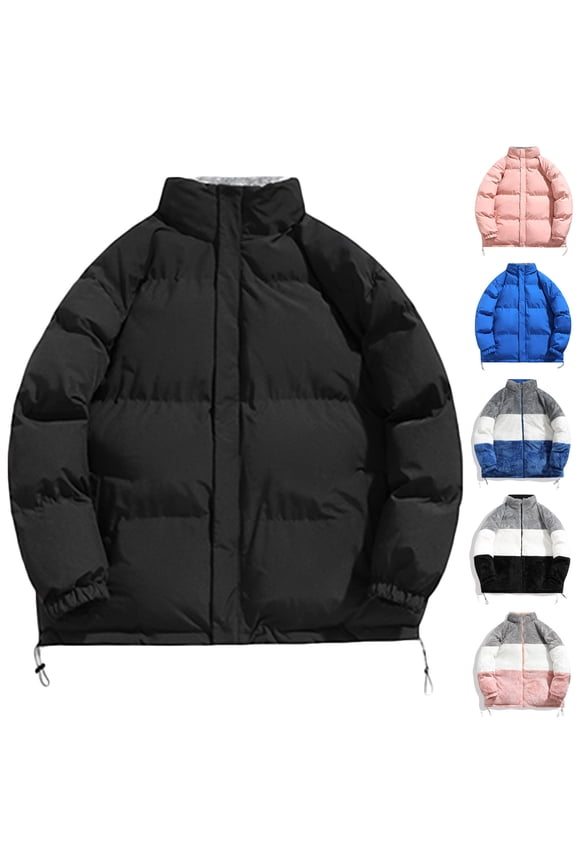 Mens Padded Down Jacket Reversible Puffer Jacket Sherpa Lined Zip Up Windbreakers Winter Warm Quilted Jacket Black XXXL