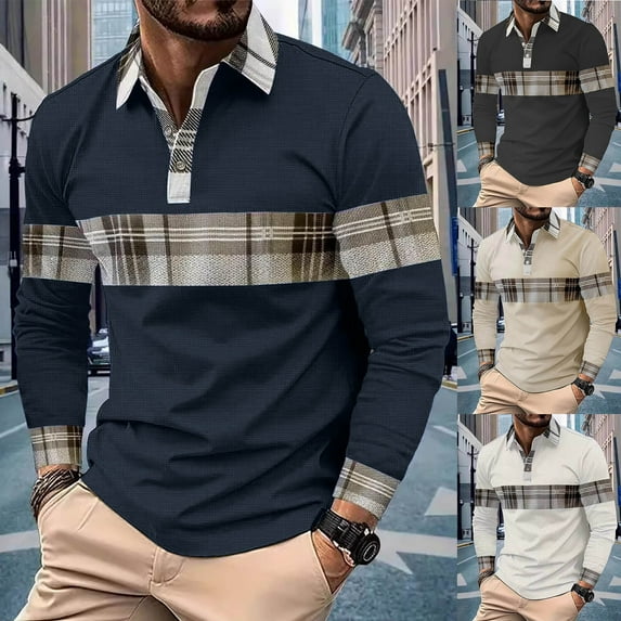 DDAPJ pyju Mens Pique Polos Shirt Long Sleeve Plaid Golf Shirts Loose Casual Work Shirt Comfy Textured Shirts Navy M