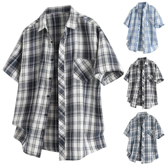 DDAPJ pyju Mens Plaid Button Down Shirts Short Sleeve Western Shirt Regular Fit Casual Gingham Shirts with Pocket Black XL