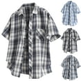 thumbnail image 1 of DDAPJ pyju Mens Plaid Button Down Shirts Short Sleeve Western Shirt Regular Fit Casual Gingham Shirts with Pocket Blue XXXXL, 1 of 8