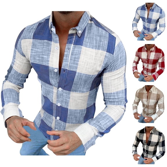 DDAPJ pyju Mens Plaid Dress Shirt Slim Fit Long Sleeve Casual Button Down Shirts Wrinkle Fress Business Office Shirt Lightweight Gingham Shirts Clearance Sales Today Khaki XXXL