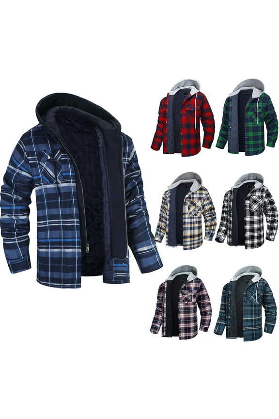 Mens Plaid Flannel Shirt Jacket Big and Tall Quilted Lined Hooded Jackets Zip Up Hoodies Thicken Warm Coat with Pockets Winter Thermal Outerwear Blue XXXL