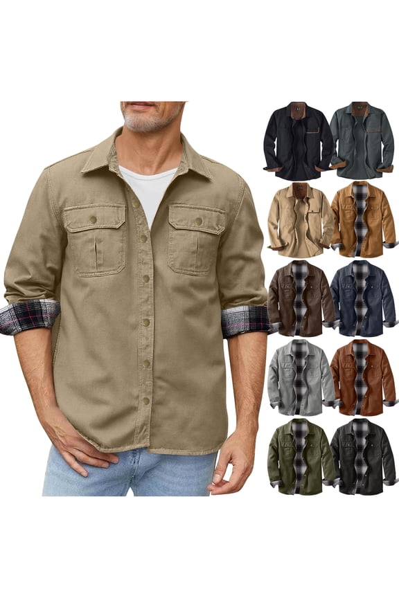 Mens Plaid Lined Shirt Jacket Vintage Cargo Jacket Big and Tall Military Lapel Jacket Western Work Shirt Jackets with Pockets Clearance Sale Green XXL