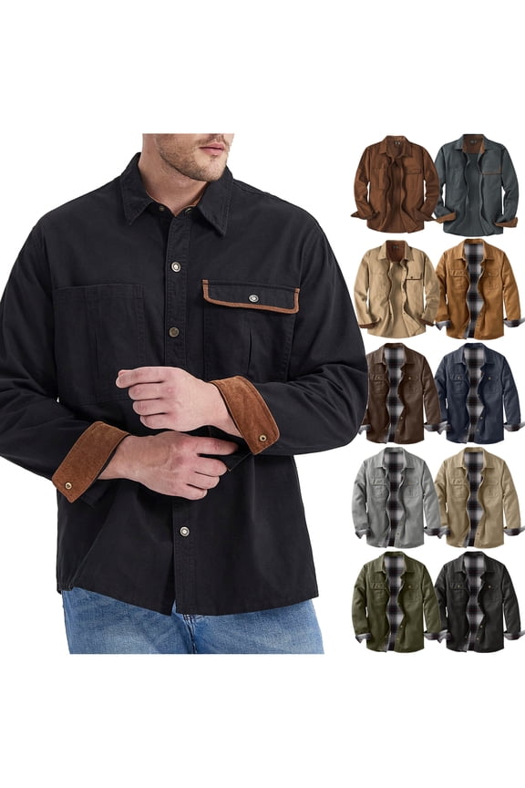 Mens Plaid Lined Shirt Jacket Vintage Cargo Jacket Big and Tall Military Lapel Jacket Western Work Shirt Jackets with Pockets Clearance Sales Today Brown XL