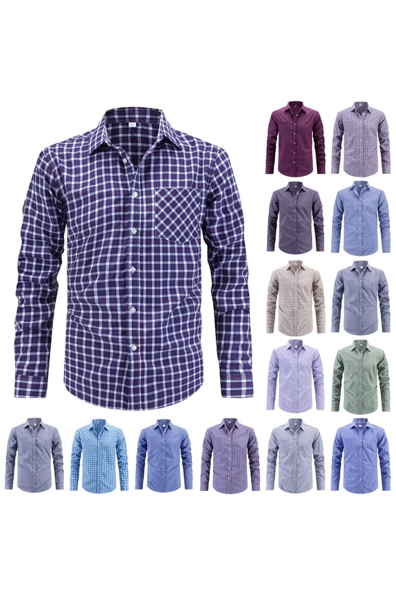 Mens Plaid Oxford Shirt Long Sleeve Dress Shirt Work Casual Button Down Shirts with Pocket Blue L