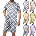 thumbnail image 1 of DDAPJ pyju Mens Plaid Pajama Shorts Set 2 Piece Silk Satin Sleepwear Short Sleeve Button Down Shirt and Elastic Waist Shorts Set Loose Comfy Loungwear with Pockets Yellow XL, 1 of 5
