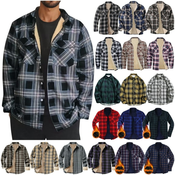 DDAPJ pyju Mens Plaid Shirt Jacket Fleece Lined Button Down Shirts Thicken Warm Lapel Coats Winter Casual Outerwear Wine L