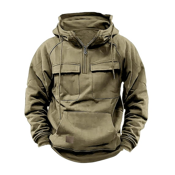 DDAPJ pyju Mens Quarter Zip Hooded Sweatshirt Big and Tall Vintage Cargo Hoodie Multi-Pocket Tactical Sweatshirts Lightweight Casual Pocket Hoodies Outdoor Hiking Pullover Tops Khaki L