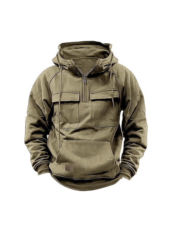 Mens Quarter Zip Hooded Sweatshirt Big and Tall Vintage Cargo Hoodie Multi-Pocket Tactical Sweatshirts Lightweight Casual Pocket Hoodies Outdoor Hiking Pullover Tops Khaki XXXL