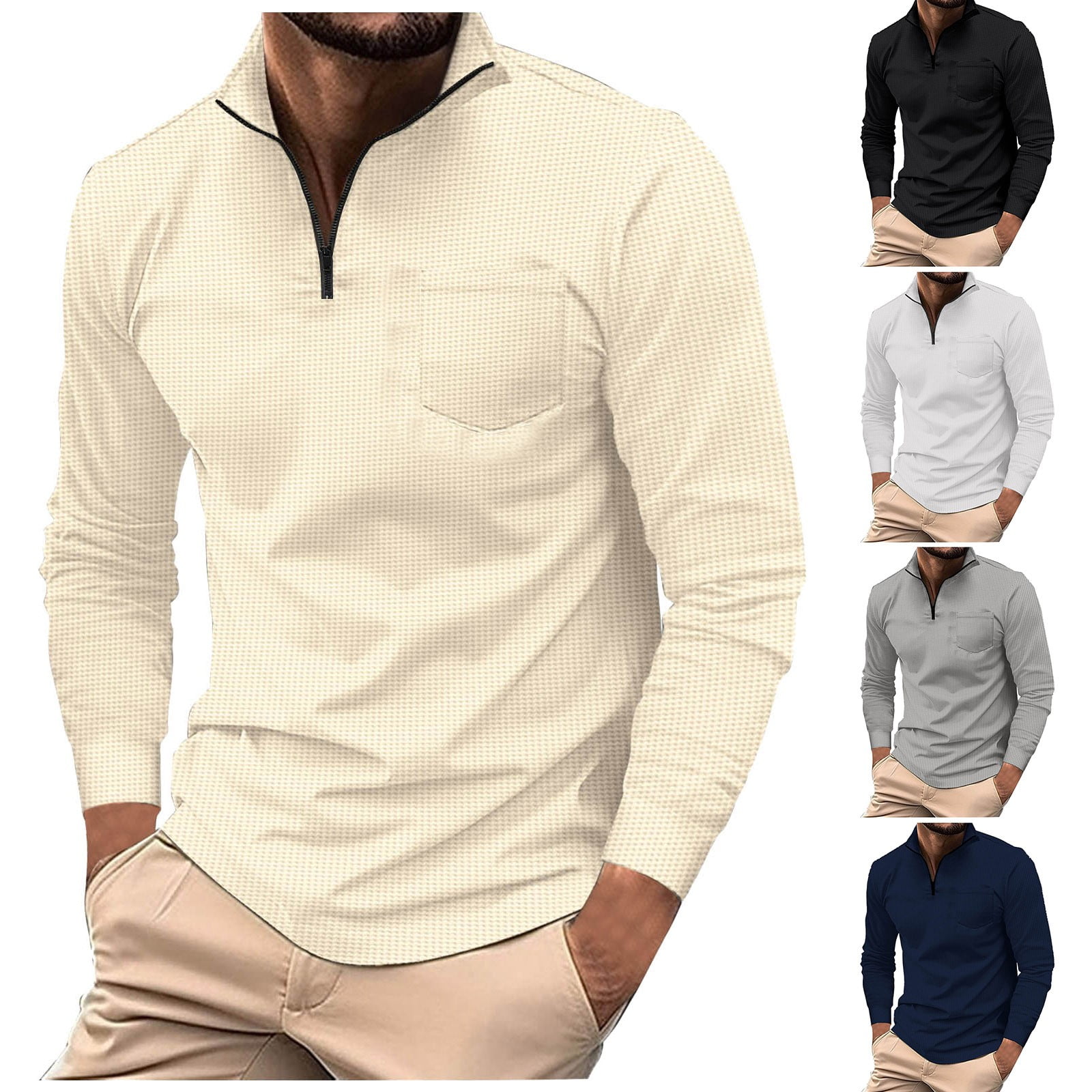 DDAPJ pyju Mens Quarter Zip Polo Shirt Waffle Knit Pullover Tops