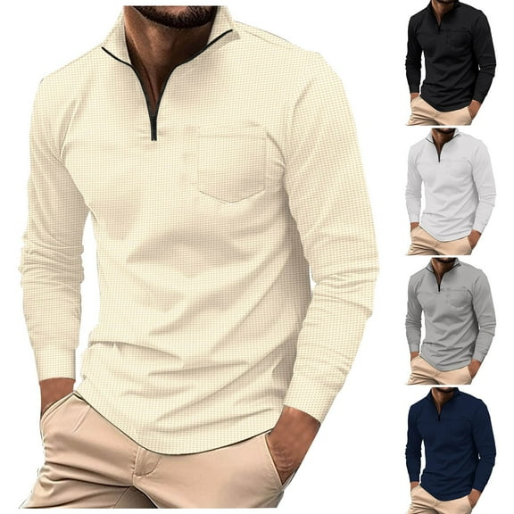 DDAPJ pyju Mens Quarter Zip Polos Shirt Waffle Knit Pullover Tops Business Casual Long Sleeve Stand Collar Shirt Solid Textured Shirts with Chest Pocket 90 off Clearance Sale Gray XL