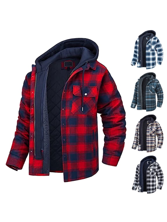 Mens Quilted Lined Flannel Hooded Jacket , Plaid Button Down Shirts Zipper Hoodie Jacket Double Closure Windproof Outdoor Work Shacket Jackets
