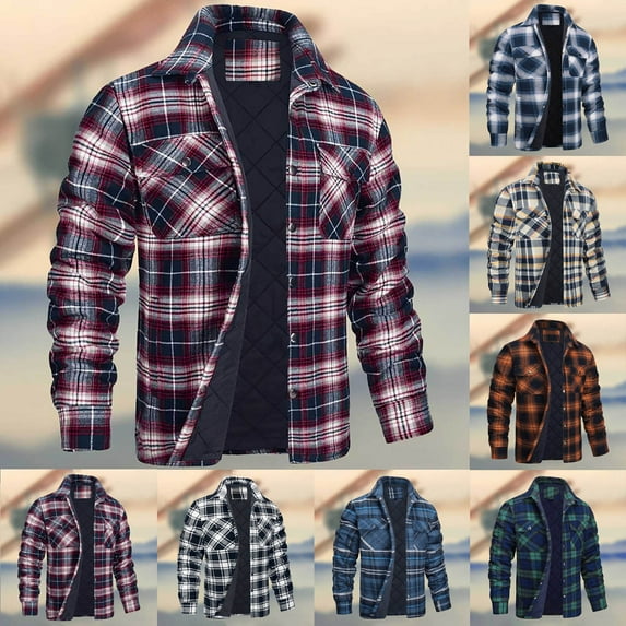 DDAPJ pyju Mens Quilted Lined Shirt Jacket Big and Tall Plaid Jackets Winter Warm Checkered Work Jacket with Pockets Navy M