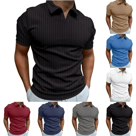 DDAPJ pyju Mens Ribbed Knit Polo Shirt Solid Color Short Sleeve Lapel V Neck Tops Lightweight Outdoor Golf Polos Rebajas Hoy Liquidación Gray XL