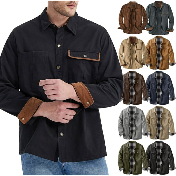 DDAPJ pyju Mens Shacket Long Sleeve Plaid Button Down Shirts Western Cowboy Work Shirt with Pockets Gray S
