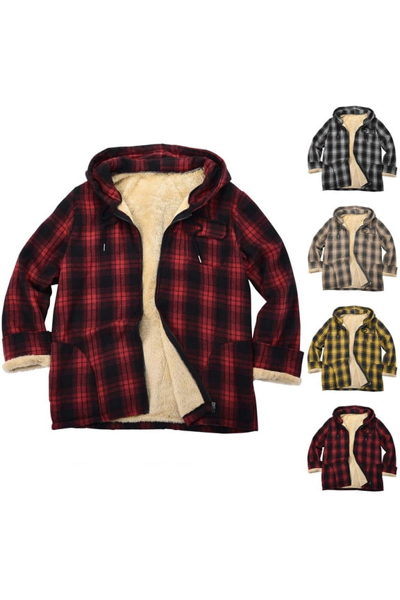 Mens Sherpa Lined Hooded Jacket Long Sleeve Zip Up Plaid Hoodie Winter Warm Checkered Work Coat with Pocket Khaki XXL