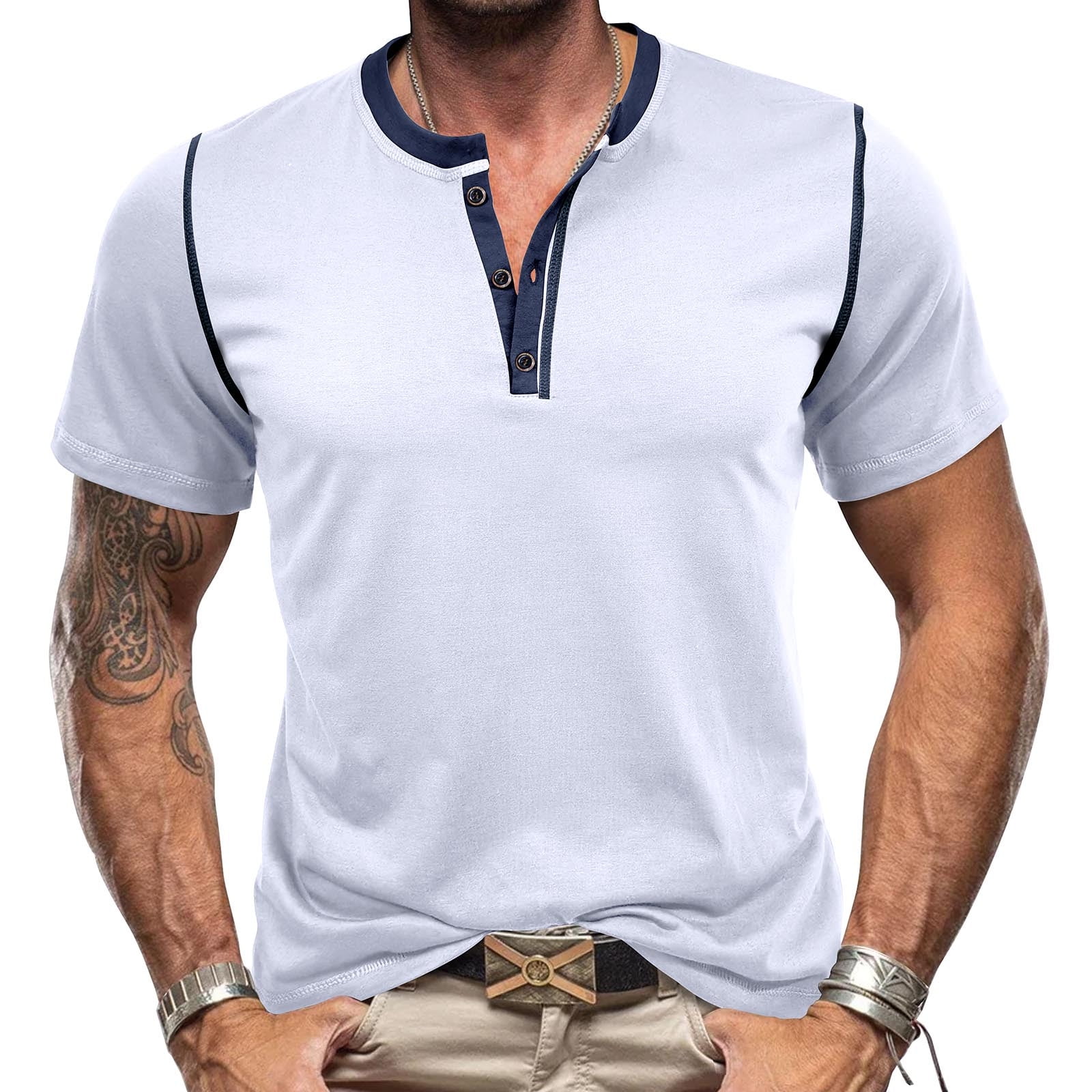 Men's Slim Fit Cotton Henley Shirt - Short Sleeve, Lightweight, 3-Button Placket, White, Small 11 thumbnail image