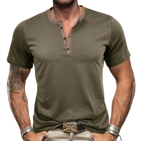 DDAPJ pyju Mens Short Sleeve Henley Shirts Solid Color Casual 3 Button T-shirts Collarless Workout Tee Lightweight Summer Basic T-shirt Army Green M