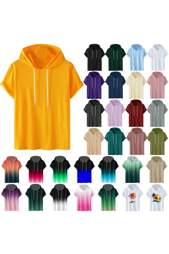 Mens Short Sleeve Hoodies Gradient Printed Casual Workout Hooded T-Shirts Lightweight Drawstring Pullover Hoodie for Running Fitness Hiking 2025 Orange XXL
