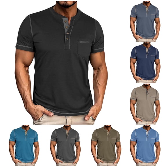 DDAPJ pyju Mens Short Sleeve Workout Shirts Solid Color 4 Button T-shirts Collarless Golf Shirt with Pocket Gray XXXL