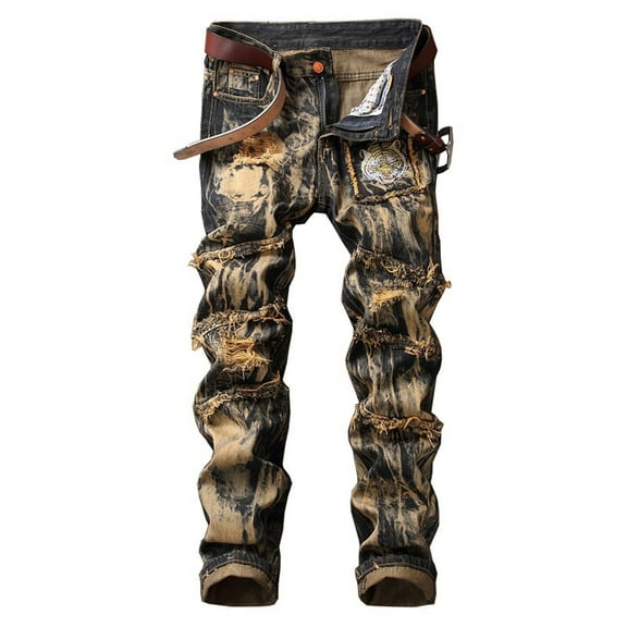 DDAPJ pyju Mens Slim Fit Stretch Jeans Ripped Skinny Jeans for Men Vintage Distressed Straight Leg Denim Pants Fashion Comfort Flex Waist Torousers with Pockets on Sale Yellow S