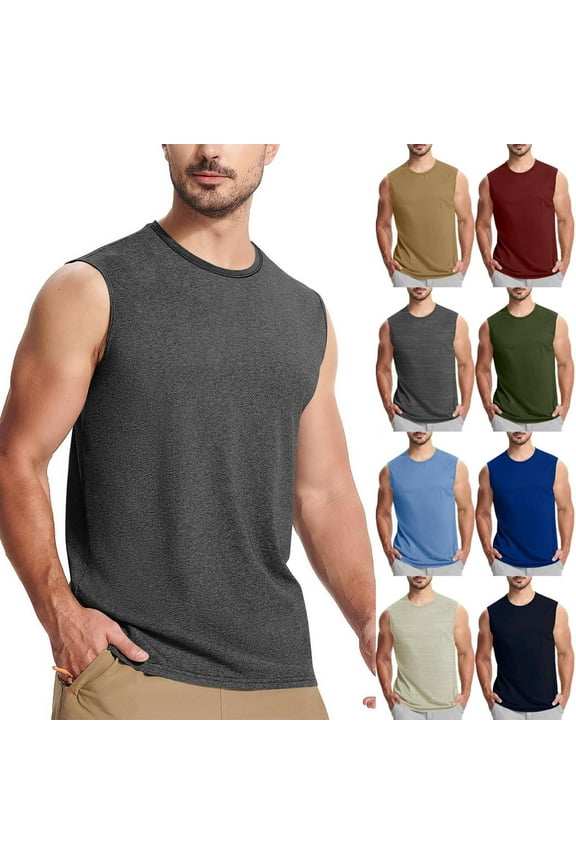 Mens Solid Tank Tops Sleeveless Crew Neck T Shirts Gym Workout Tanks Undershirts Blue XXL
