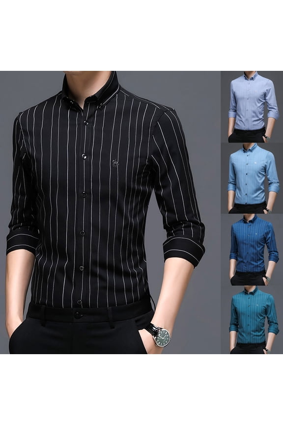 Mens Striped Dress Shirts Regular Fit Business Casual Button Down Shirt Long Sleeve Wrinkle-Free Oxford Shirts Dark Blue M