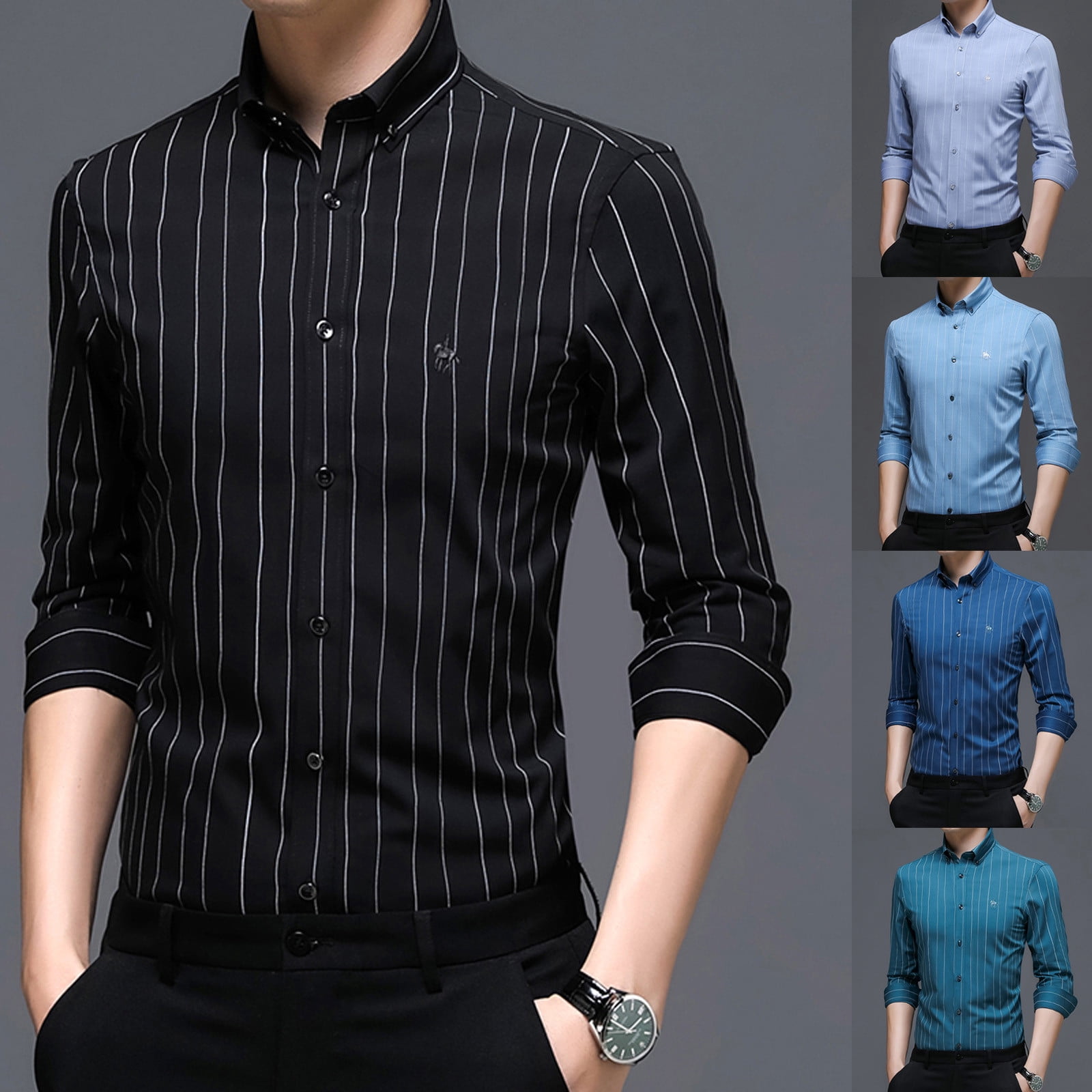 DDAPJ pyju Mens Striped Dress Shirts Regular Fit Business Casual Button ...