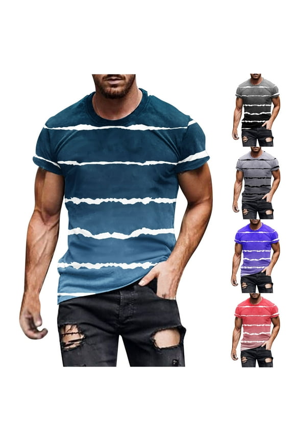 Mens Striped T-shirts Gradient Color Casual Hipster Tee Tops Big and Tall Man Short Sleeve Crewneck Graphic Tees Cool Streetwear Gray M
