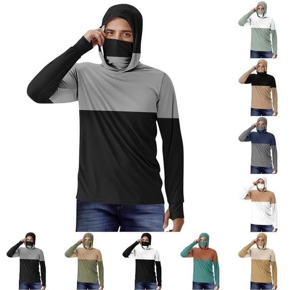DDAPJ pyju Mens Sun Hoodie Shirt Color Block Long Sleeve Sun Protection T-Shirts Quick Dry Cooling Hiking Workout Hooded Tops with Mask Black M