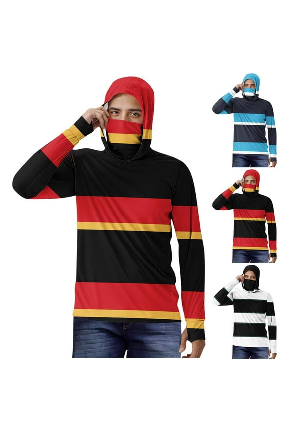 Mens Sun Protection Hoodie Shirt Lightweight Quick Dry Fishing Sun Striped Shirts UPF 50+ Hooded Tops with Face Mask Red XL