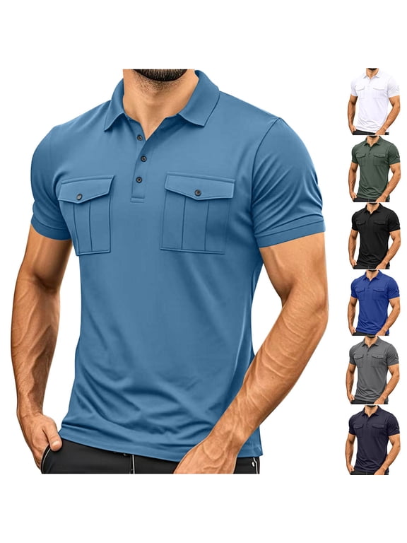 Mens Tactical Cargo Shirt Regular Fit Short Sleeve Polos Shirts Moisture-Wicking Performance Mesh Golf Shirt with Pockets Liquidación Rebajas Hoy Black XXL