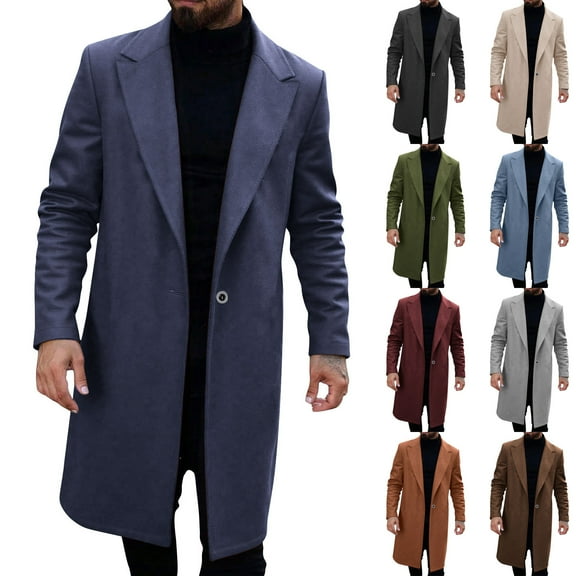 DDAPJ pyju Mens Trench Coat Notched Lapel Long Sleeve Business Casual Suit Jacket Warm Winter Overcoat Navy M