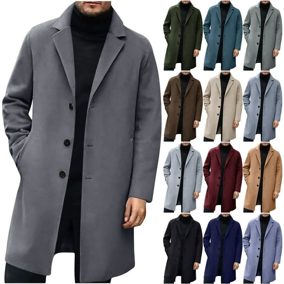 DDAPJ pyju Mens Trench Coat Slim Fit Notched Collar Long Jacket Fall Winter Single Breasted Pea Coat Warm Soft Overcoat with Pockets Black L