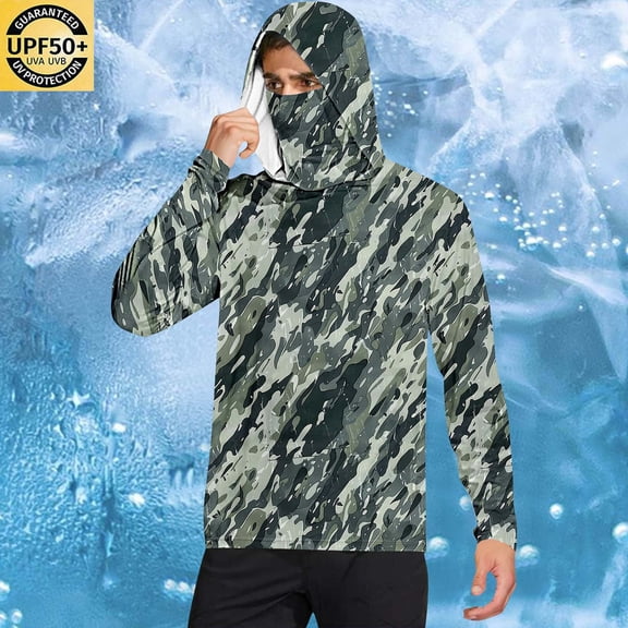 DDAPJ pyju Mens UPF 50+ Hoodie Shirts Long Sleeve Rash Guard Sun Protection Fishing Shirts Lightweight Quick Dry Hoodies with Face Mask Army Green M