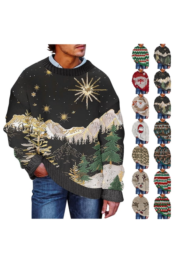 Mens Ugly Christmas Sweater Novelty 3D Graphic Sweathirt Funny Patterned Knitted Pullover Tops Xmas Jumper Sweaters Gift for Men Black#1 XXL