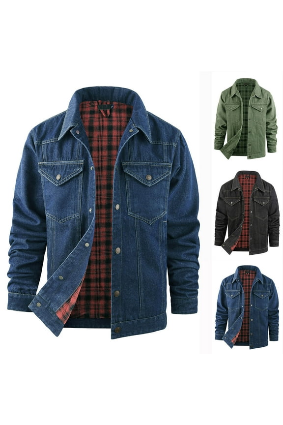 Mens Vintage Denim Jacket Plaid Lined Shirt Jackets Long Sleeve Button Down Cargo Jacket Trucker Jean Coat with Pockets Dark Blue XL